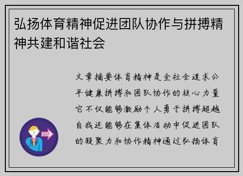 弘扬体育精神促进团队协作与拼搏精神共建和谐社会