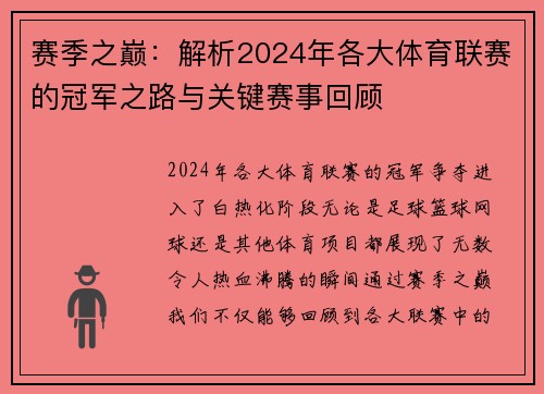 赛季之巅：解析2024年各大体育联赛的冠军之路与关键赛事回顾